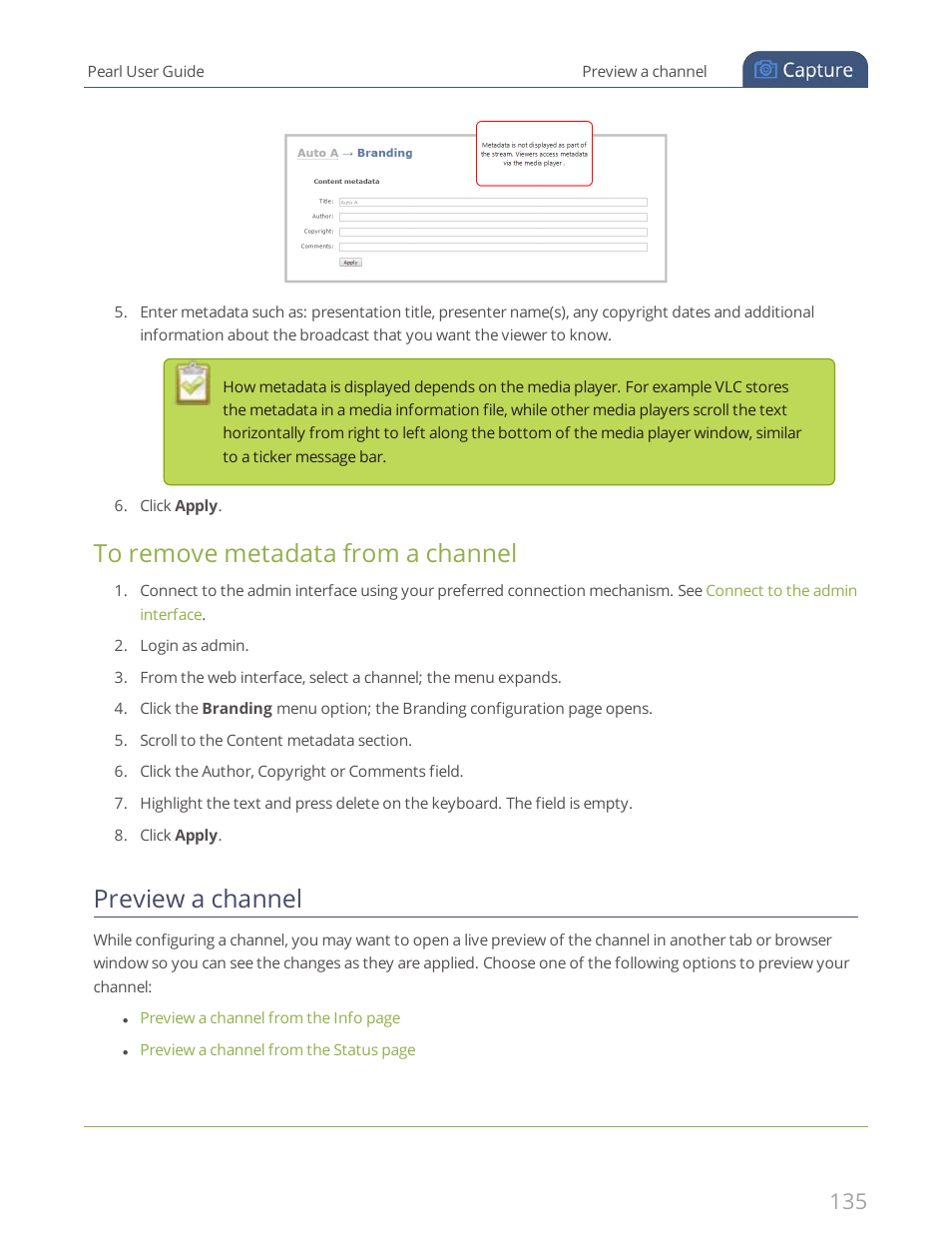 Preview a channel, To remove metadata from a channel | Epiphan Pearl User Manual | Page 148 / 342