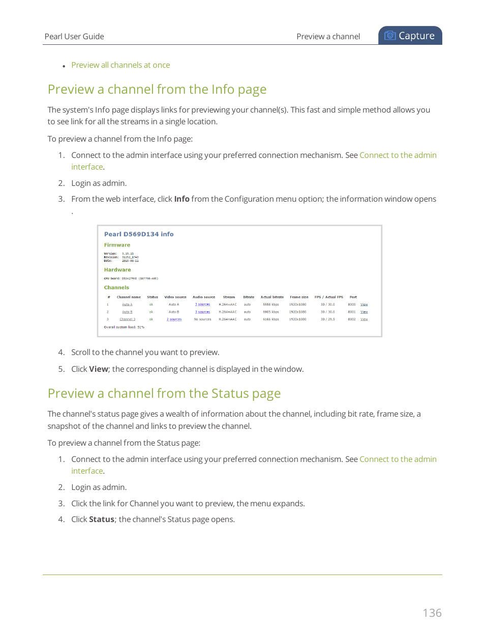 Preview a channel from the info page, Preview a channel from the status page | Epiphan Pearl User Manual | Page 149 / 342