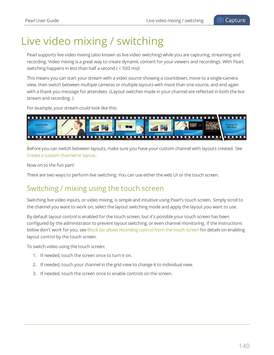 Live video mixing / switching, Live video mixing, Switching | Switching / mixing using the touch screen | Epiphan Pearl User Manual | Page 153 / 342