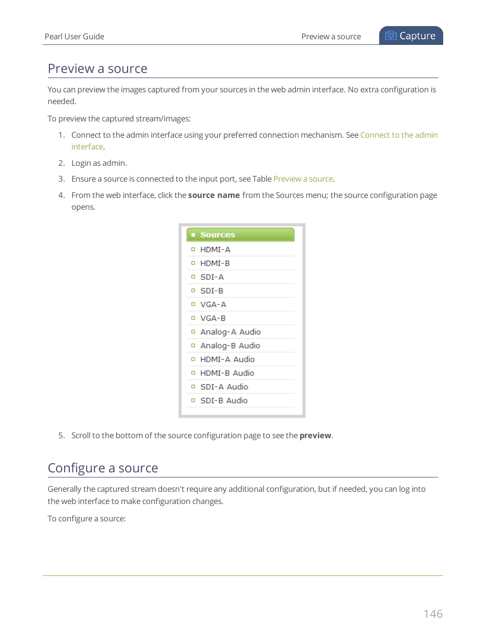 Preview a source, Configure a source | Epiphan Pearl User Manual | Page 159 / 342