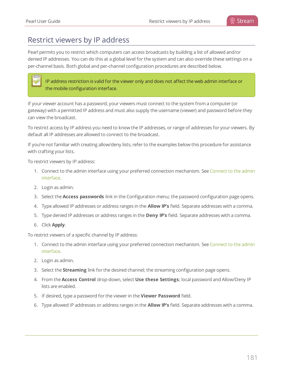 Restrict viewers by ip address, Estrict viewers by ip address | Epiphan Pearl User Manual | Page 194 / 342
