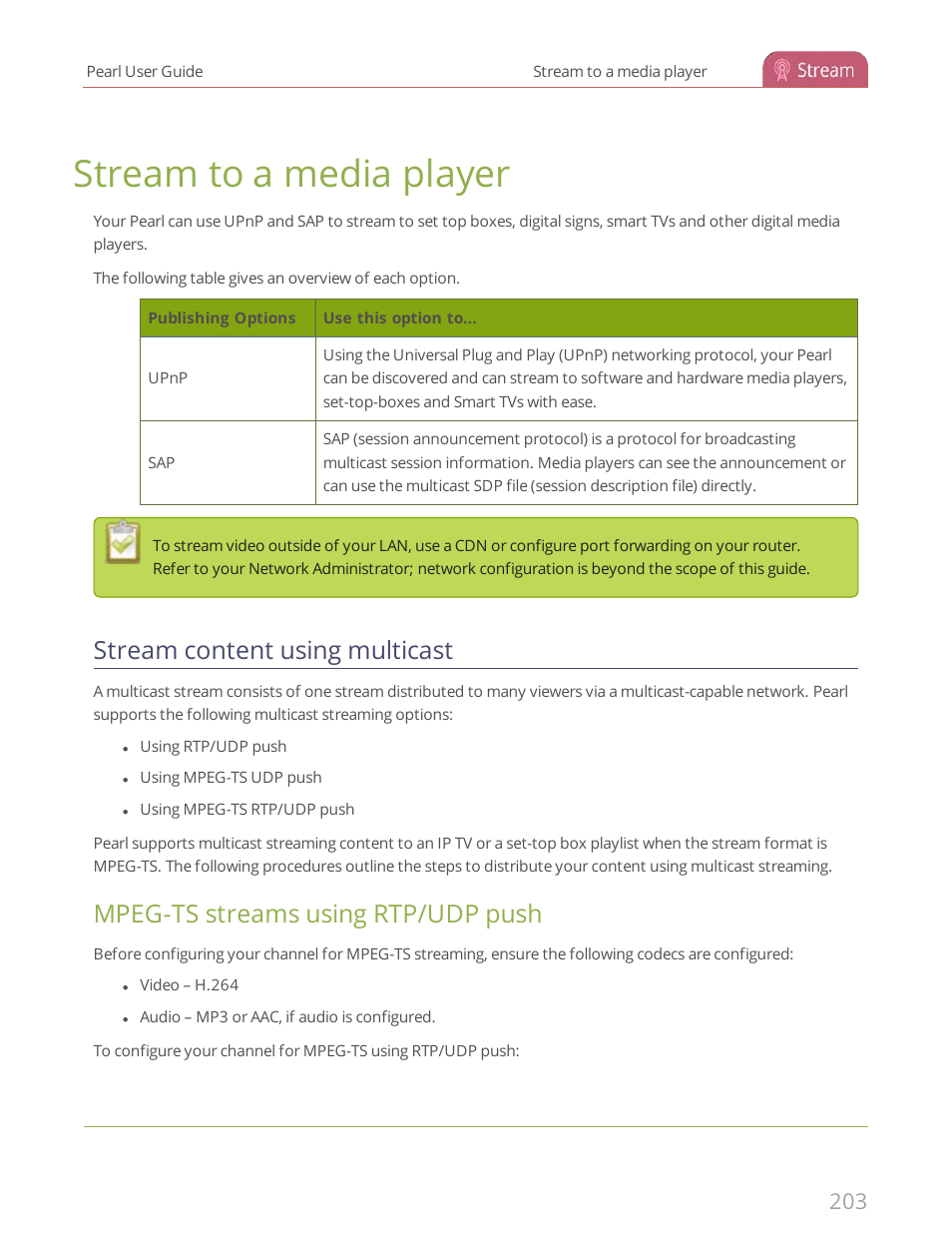 Stream to a media player, Stream content using multicast, Mpeg-ts streams using rtp/udp push | Epiphan Pearl User Manual | Page 216 / 342