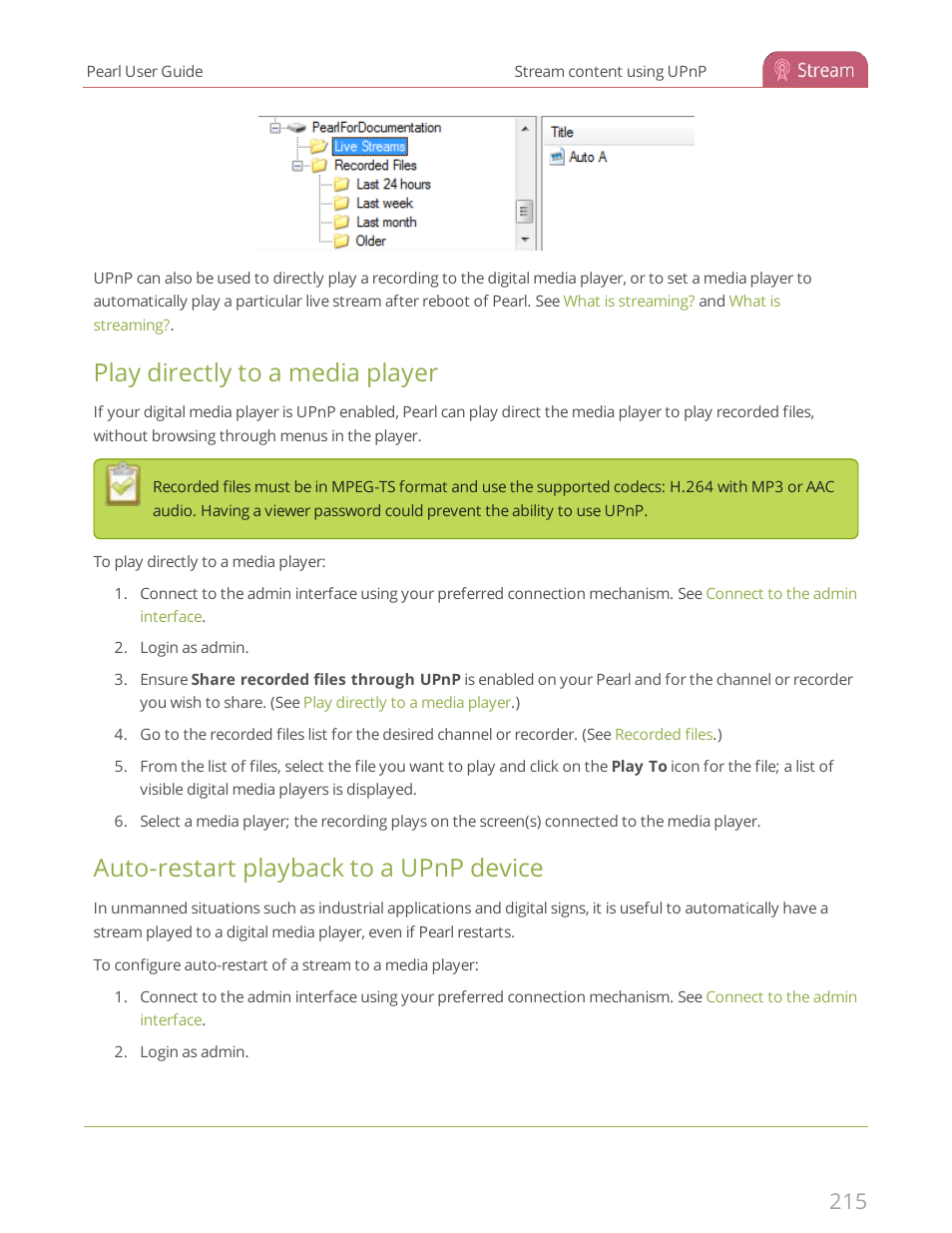 Play directly to a media player, Auto-restart playback to a upnp device | Epiphan Pearl User Manual | Page 228 / 342