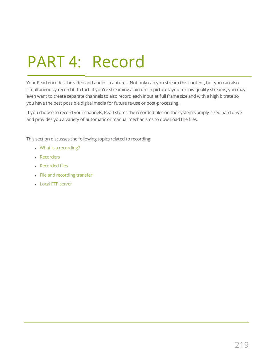 Part 4: record, Record | Epiphan Pearl User Manual | Page 232 / 342