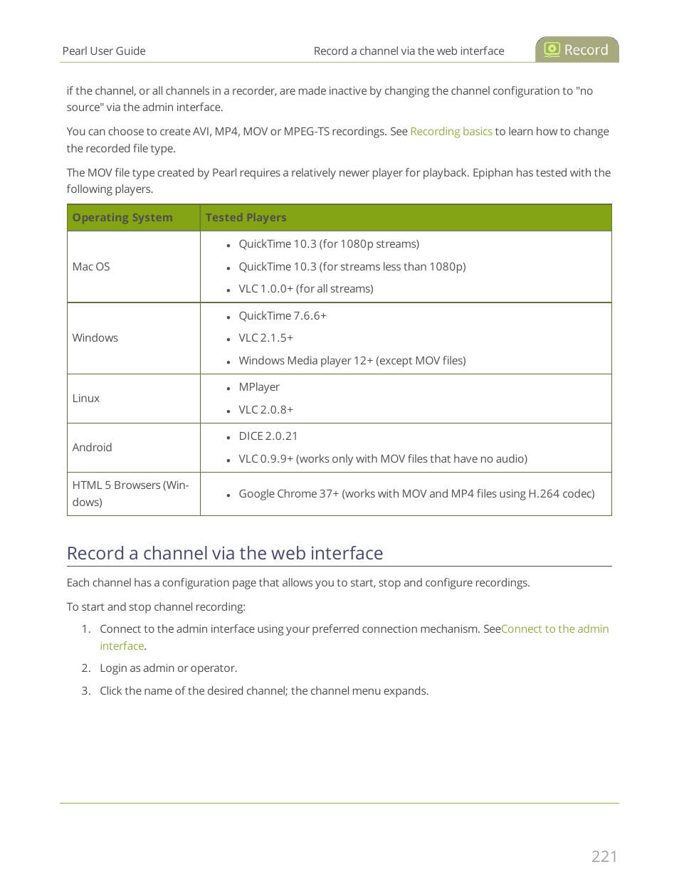 Record a channel via the web interface | Epiphan Pearl User Manual | Page 234 / 342