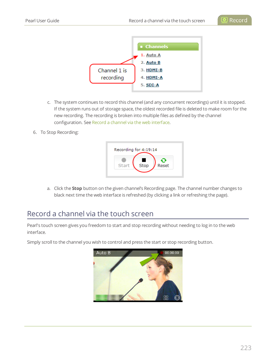 Record a channel via the touch screen | Epiphan Pearl User Manual | Page 236 / 342