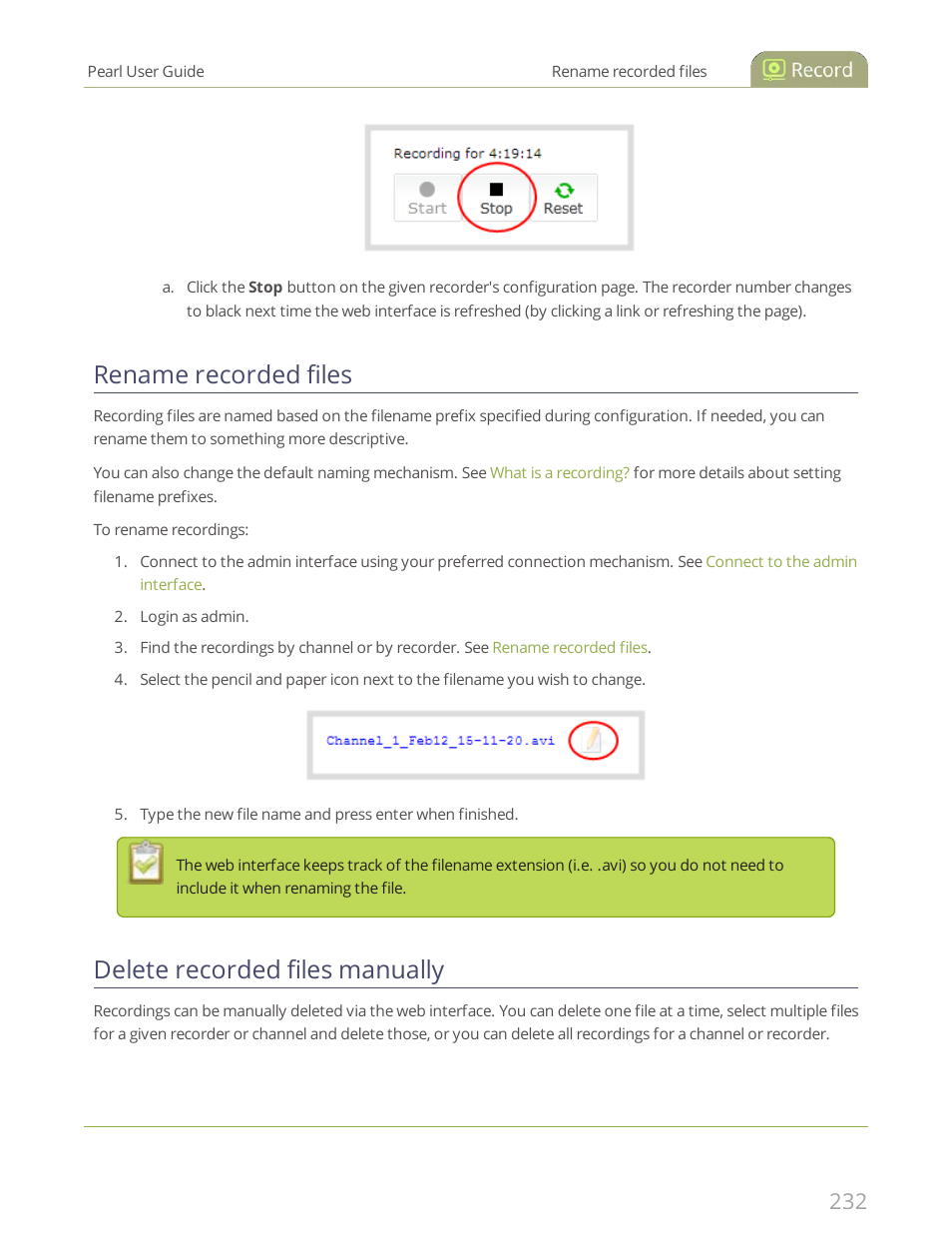 Rename recorded files, Delete recorded files manually | Epiphan Pearl User Manual | Page 245 / 342