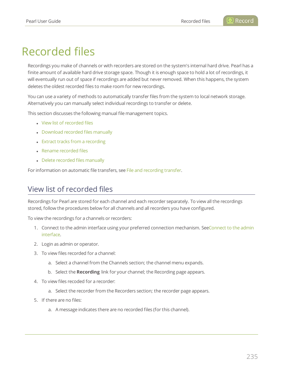 Recorded files, View list of recorded files | Epiphan Pearl User Manual | Page 248 / 342