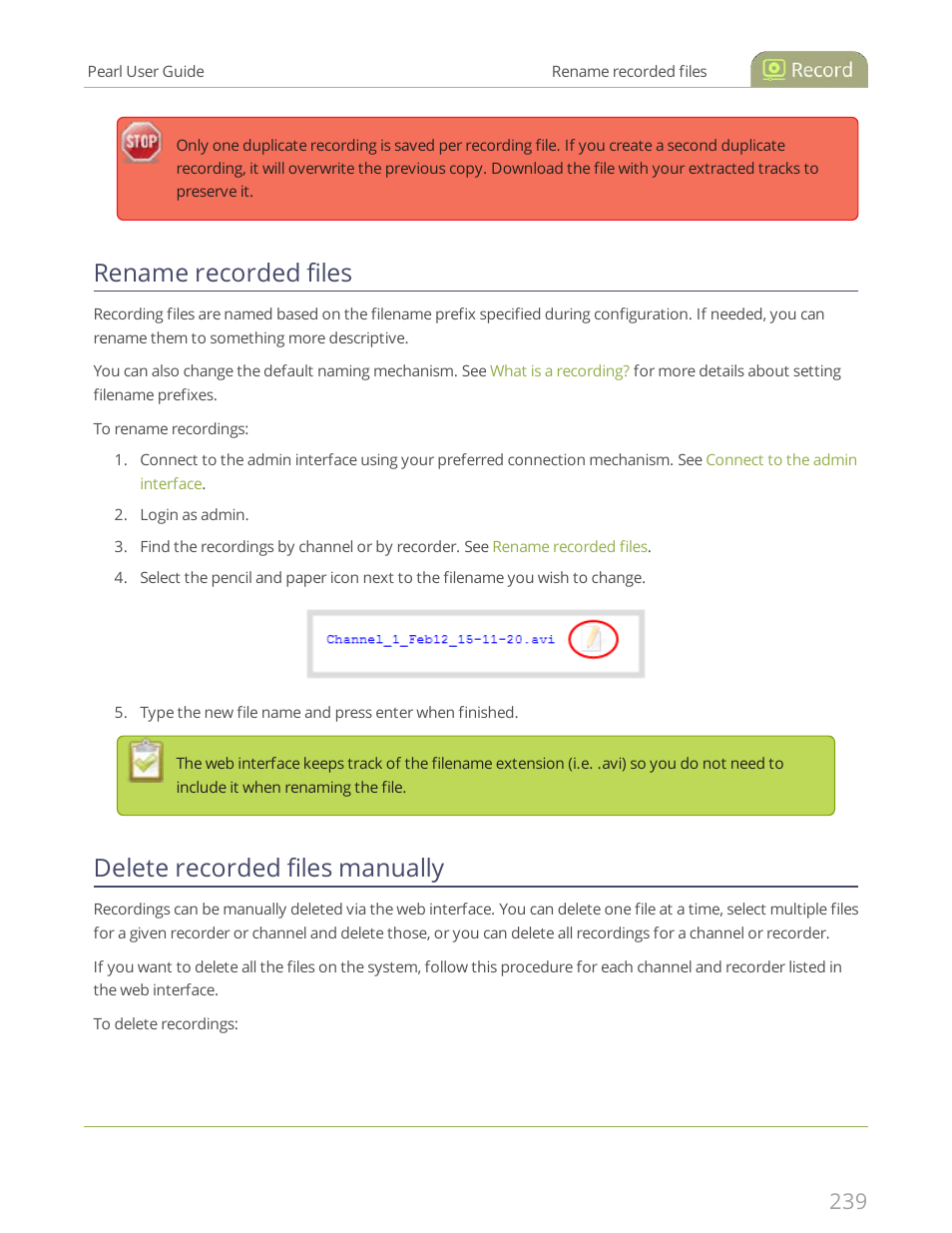 Rename recorded files, Delete recorded files manually | Epiphan Pearl User Manual | Page 252 / 342