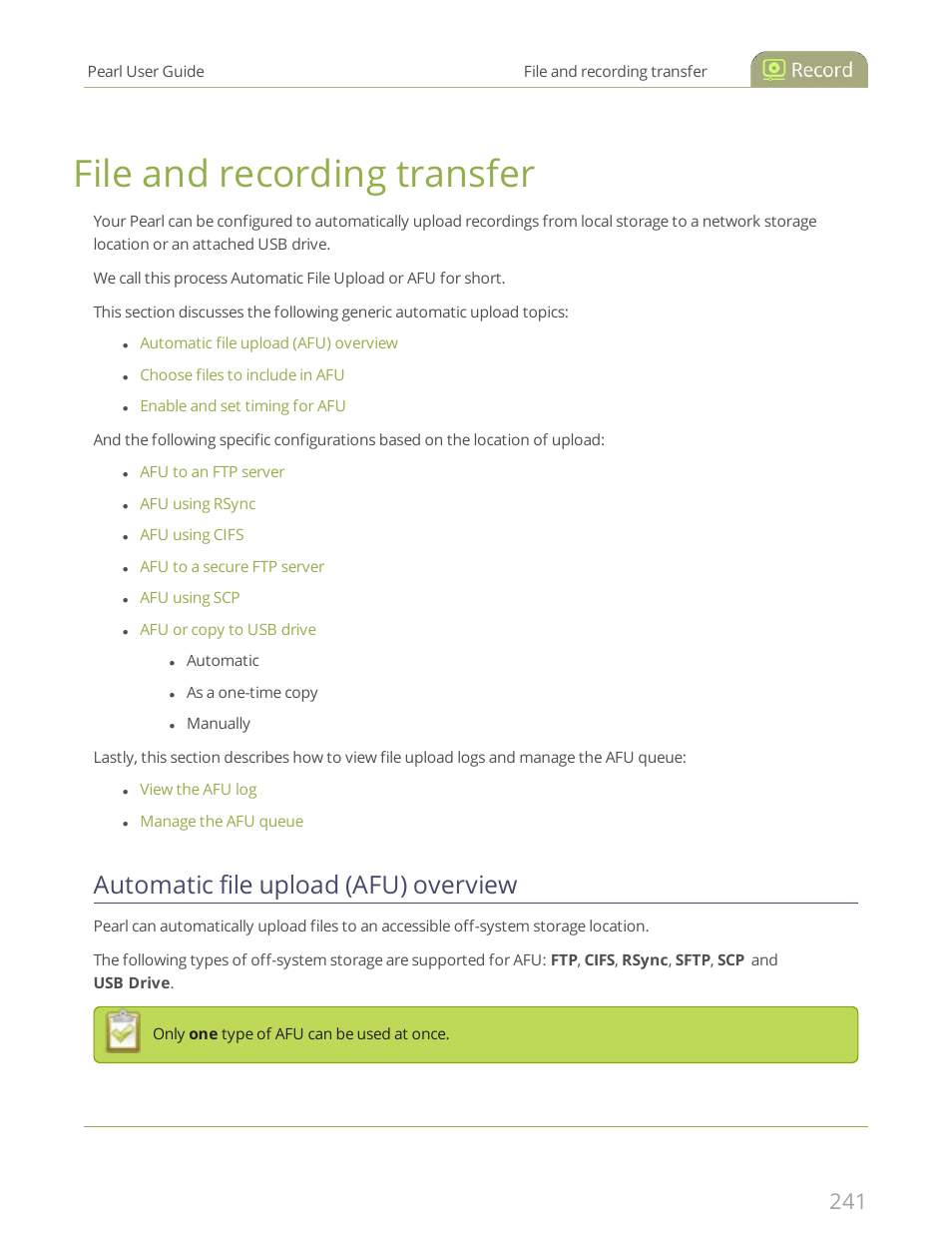 File and recording transfer, Automatic file upload (afu) overview, File | And recording transfer | Epiphan Pearl User Manual | Page 254 / 342