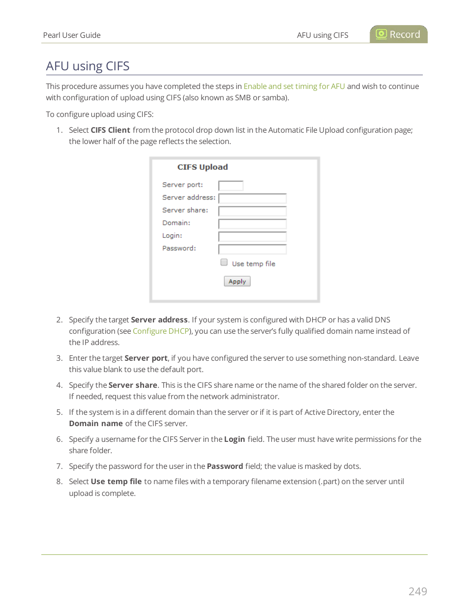 Afu using cifs | Epiphan Pearl User Manual | Page 262 / 342