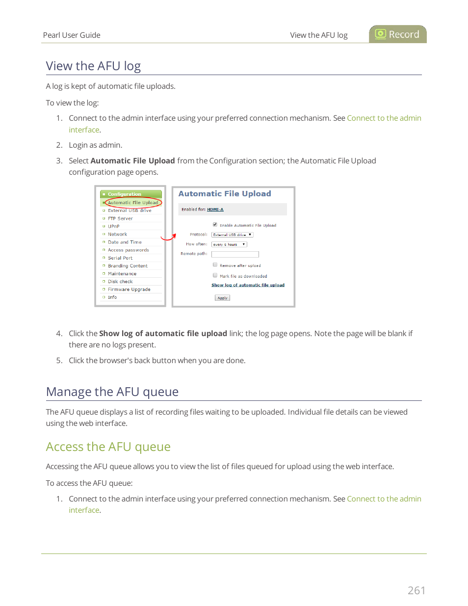 View the afu log, Manage the afu queue, Access the afu queue | Epiphan Pearl User Manual | Page 274 / 342