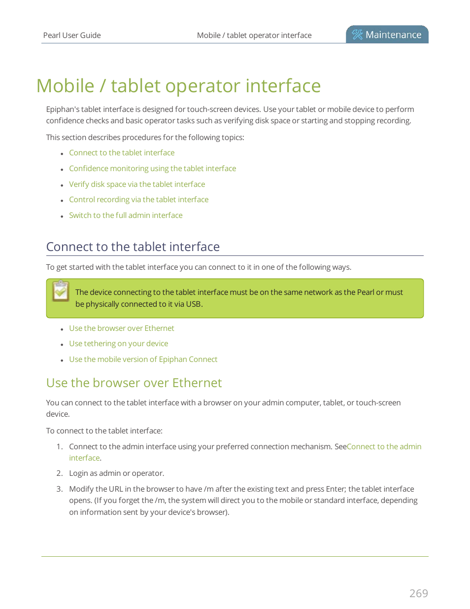Mobile / tablet operator interface, Connect to the tablet interface, Use the browser over ethernet | Epiphan Pearl User Manual | Page 282 / 342
