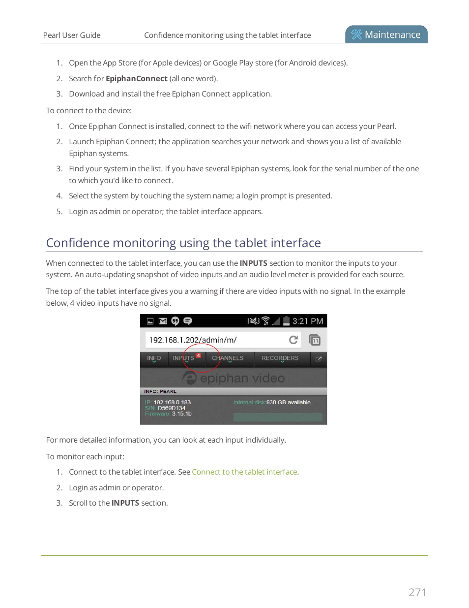 Confidence monitoring using the tablet interface | Epiphan Pearl User Manual | Page 284 / 342