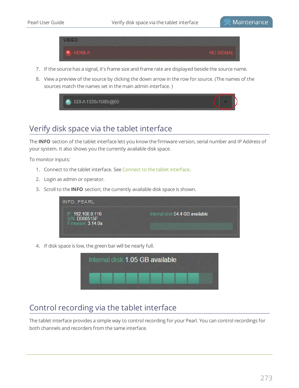 Verify disk space via the tablet interface, Control recording via the tablet interface | Epiphan Pearl User Manual | Page 286 / 342