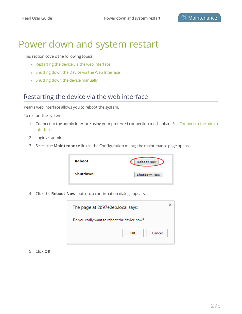 Power down and system restart, Restarting the device via the web interface | Epiphan Pearl User Manual | Page 288 / 342