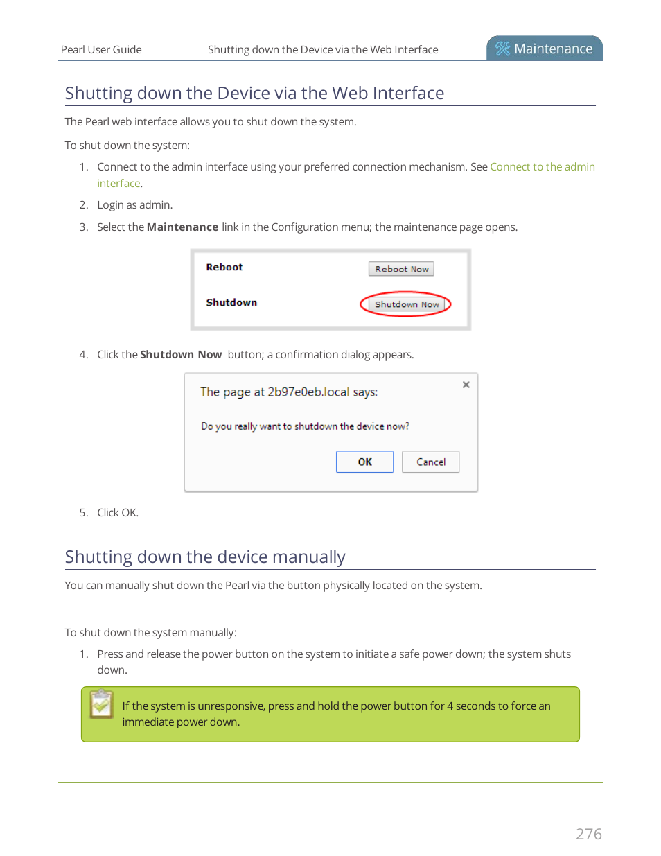 Shutting down the device via the web interface, Shutting down the device manually | Epiphan Pearl User Manual | Page 289 / 342