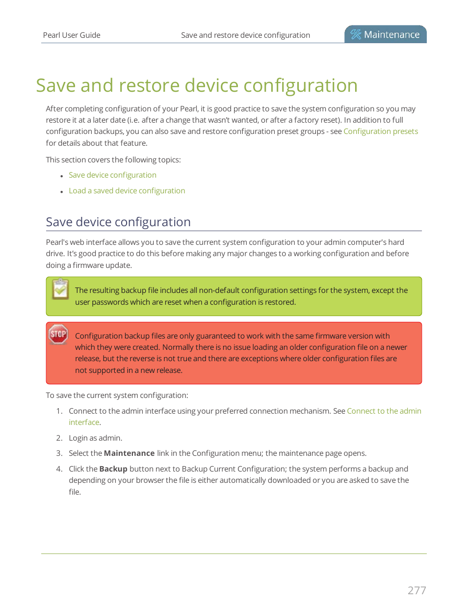 Save and restore device configuration, Save device configuration, Save and restore device | Configuration | Epiphan Pearl User Manual | Page 290 / 342
