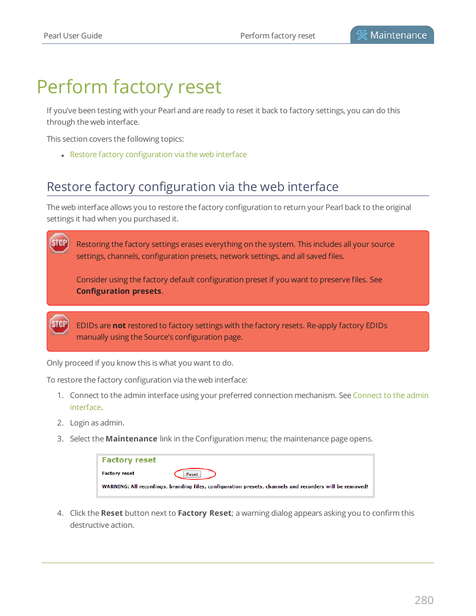 Perform factory reset | Epiphan Pearl User Manual | Page 293 / 342