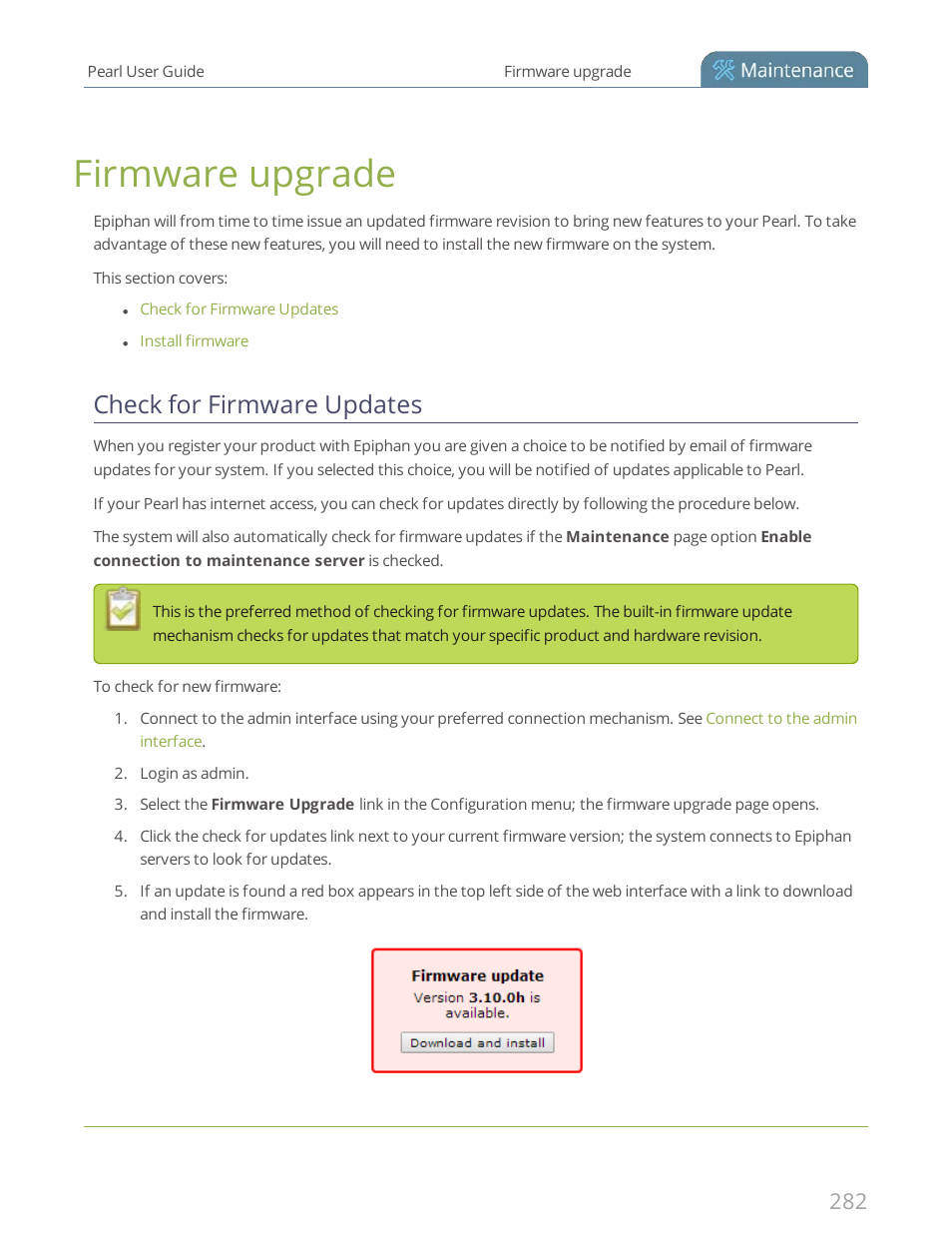 Firmware upgrade, Check for firmware updates | Epiphan Pearl User Manual | Page 295 / 342