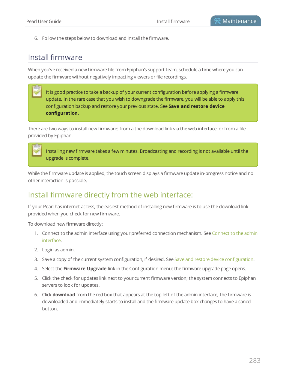Install firmware, Install firmware directly from the web interface | Epiphan Pearl User Manual | Page 296 / 342