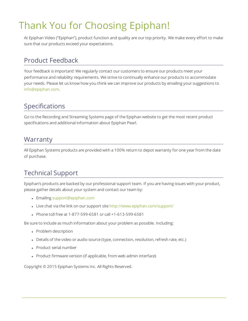 Thank you for choosing epiphan, Product feedback, Specifications | Warranty, Technical support | Epiphan Pearl User Manual | Page 3 / 342