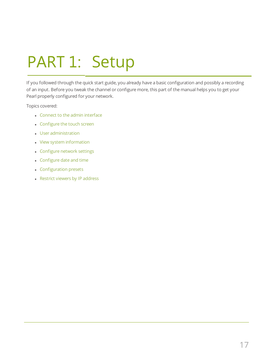 Part 1: setup, Setup | Epiphan Pearl User Manual | Page 30 / 342