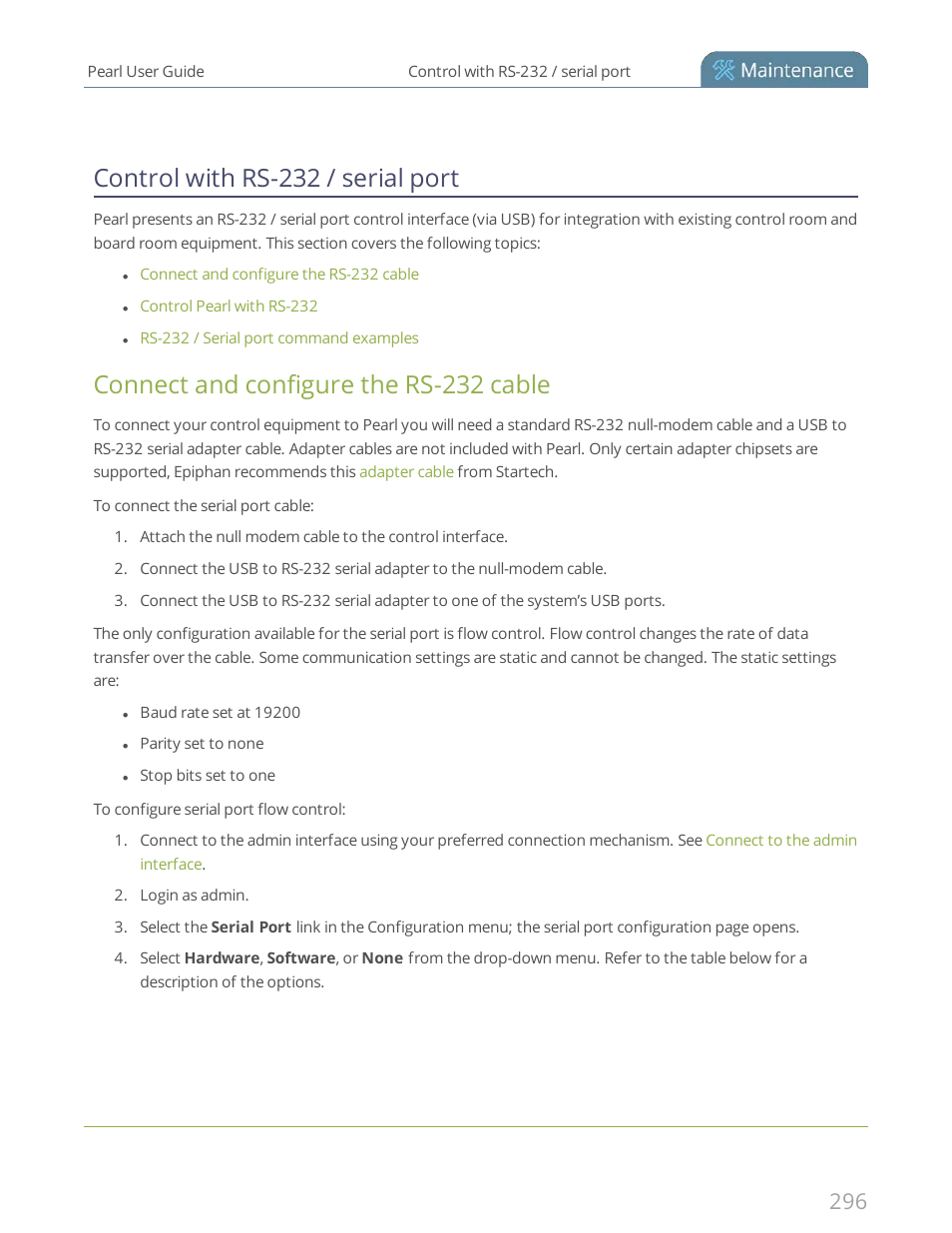 Control with rs-232 / serial port, Connect and configure the rs-232 cable | Epiphan Pearl User Manual | Page 309 / 342