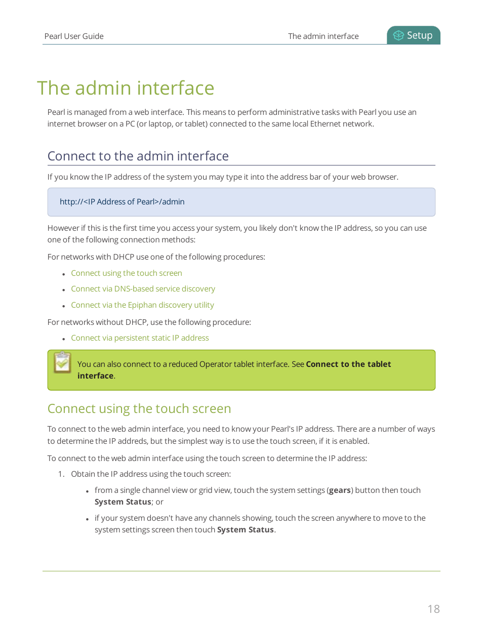 The admin interface, Connect to the admin interface, Connect using the touch screen | Epiphan Pearl User Manual | Page 31 / 342