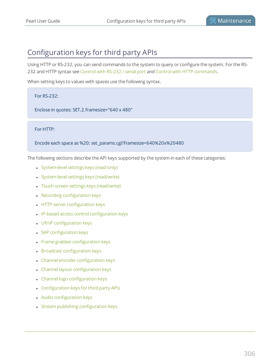 Configuration keys for third party apis | Epiphan Pearl User Manual | Page 319 / 342