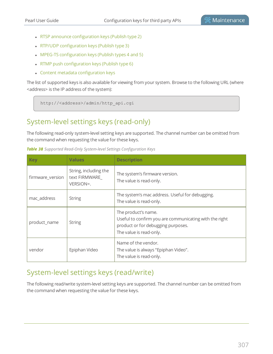 System-level settings keys (read-only), System-level settings keys (read/write) | Epiphan Pearl User Manual | Page 320 / 342