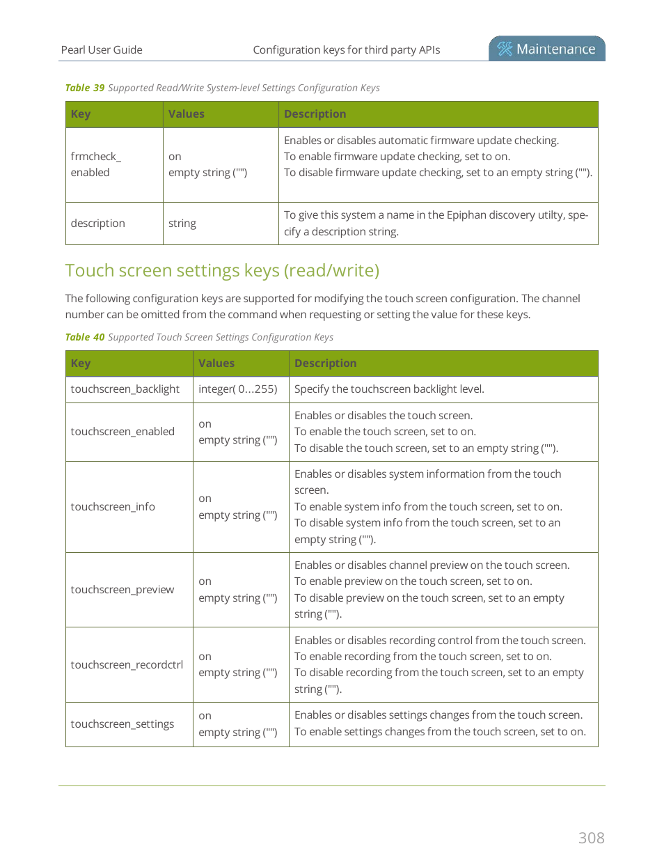 Touch screen settings keys (read/write) | Epiphan Pearl User Manual | Page 321 / 342