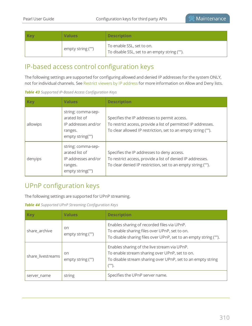 Ip-based access control configuration keys, Upnp configuration keys | Epiphan Pearl User Manual | Page 323 / 342