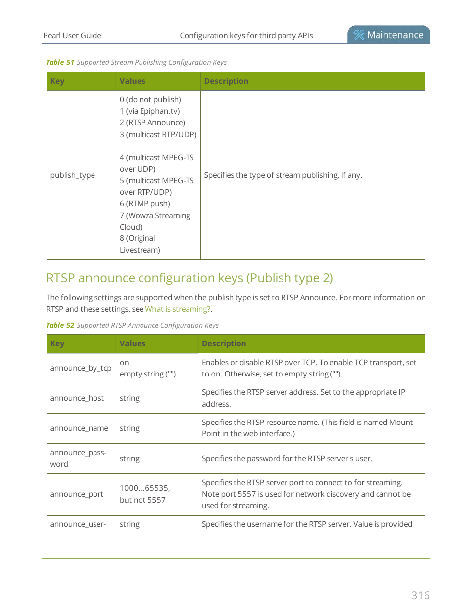 Rtsp announce configuration keys (publish type 2) | Epiphan Pearl User Manual | Page 329 / 342