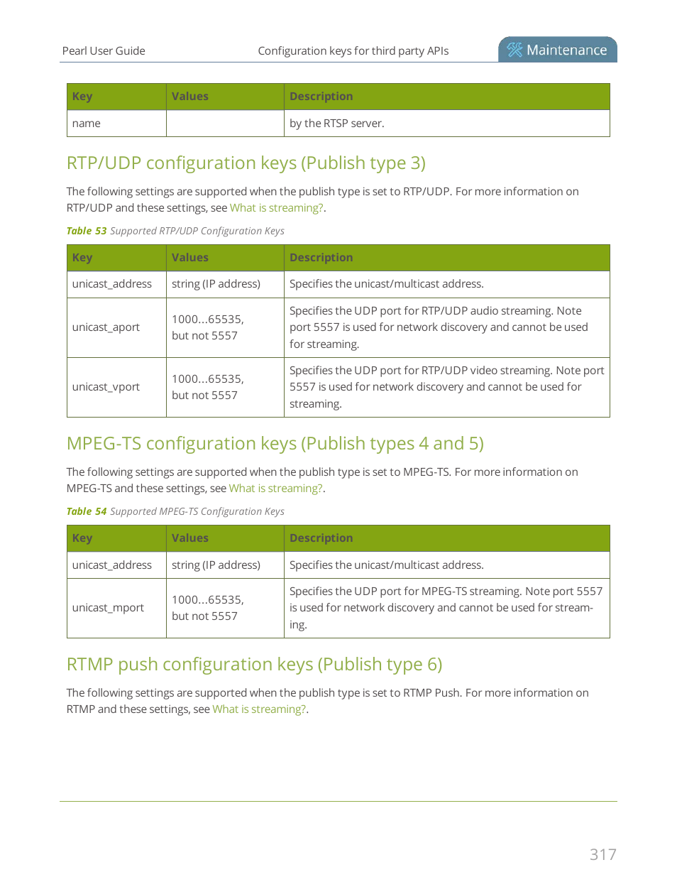 Rtp/udp configuration keys (publish type 3), Mpeg-ts configuration keys (publish types 4 and 5), Rtmp push configuration keys (publish type 6) | Epiphan Pearl User Manual | Page 330 / 342