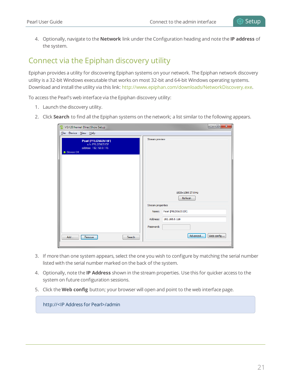 Connect via the epiphan discovery utility | Epiphan Pearl User Manual | Page 34 / 342