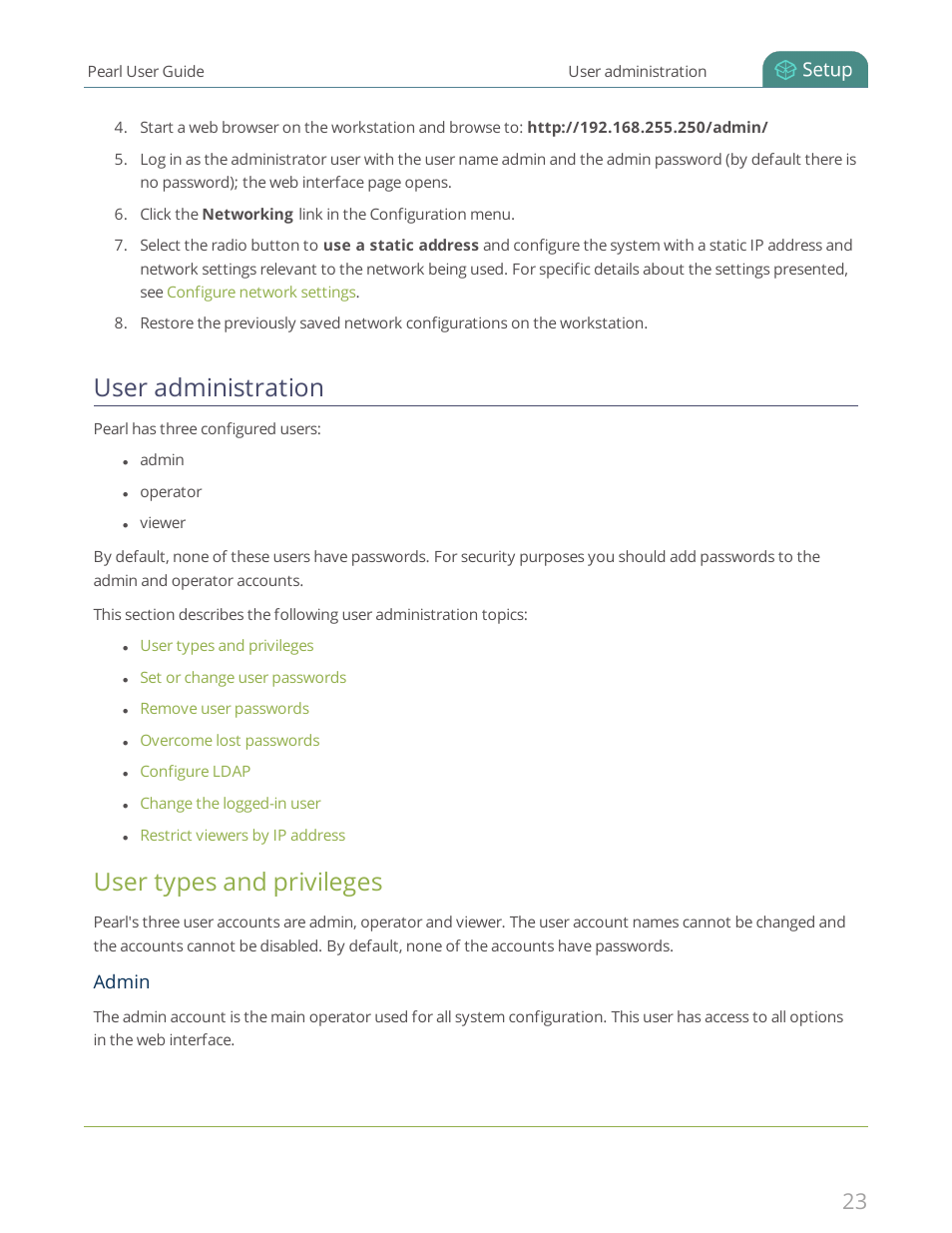 User administration, User types and privileges, Admin | Epiphan Pearl User Manual | Page 36 / 342