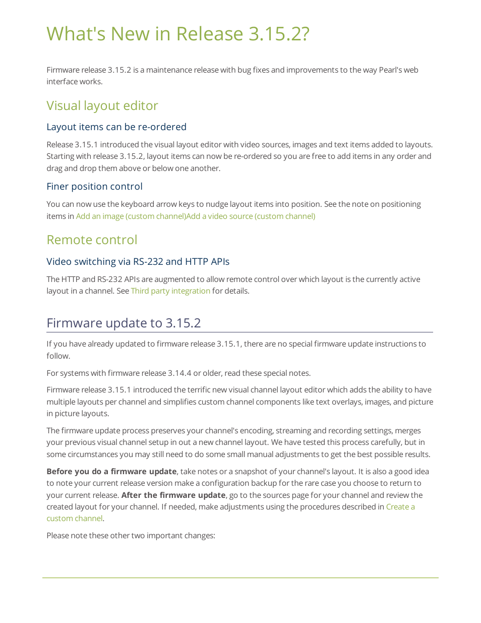 Firmware update to 3.15.2, What's new in release 3.15.2, Visual layout editor | Remote control | Epiphan Pearl User Manual | Page 4 / 342