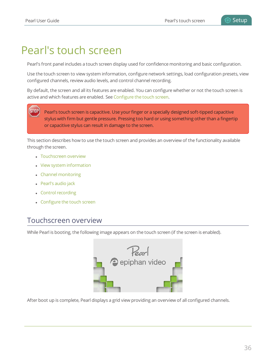 Pearl's touch screen, Touchscreen overview | Epiphan Pearl User Manual | Page 49 / 342