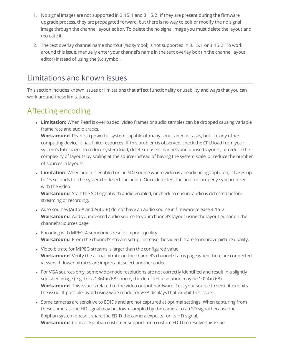 Limitations and known issues, Affecting encoding | Epiphan Pearl User Manual | Page 5 / 342