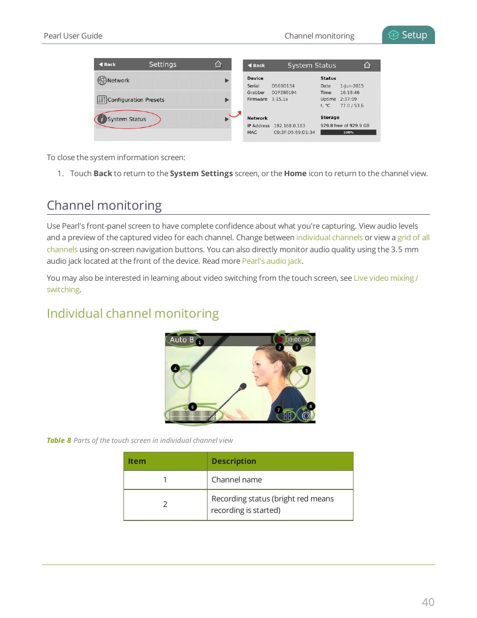 Channel monitoring, Individual channel monitoring | Epiphan Pearl User Manual | Page 53 / 342