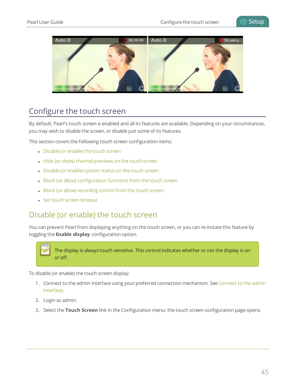 Configure the touch screen, Disable (or enable) the touch screen | Epiphan Pearl User Manual | Page 58 / 342
