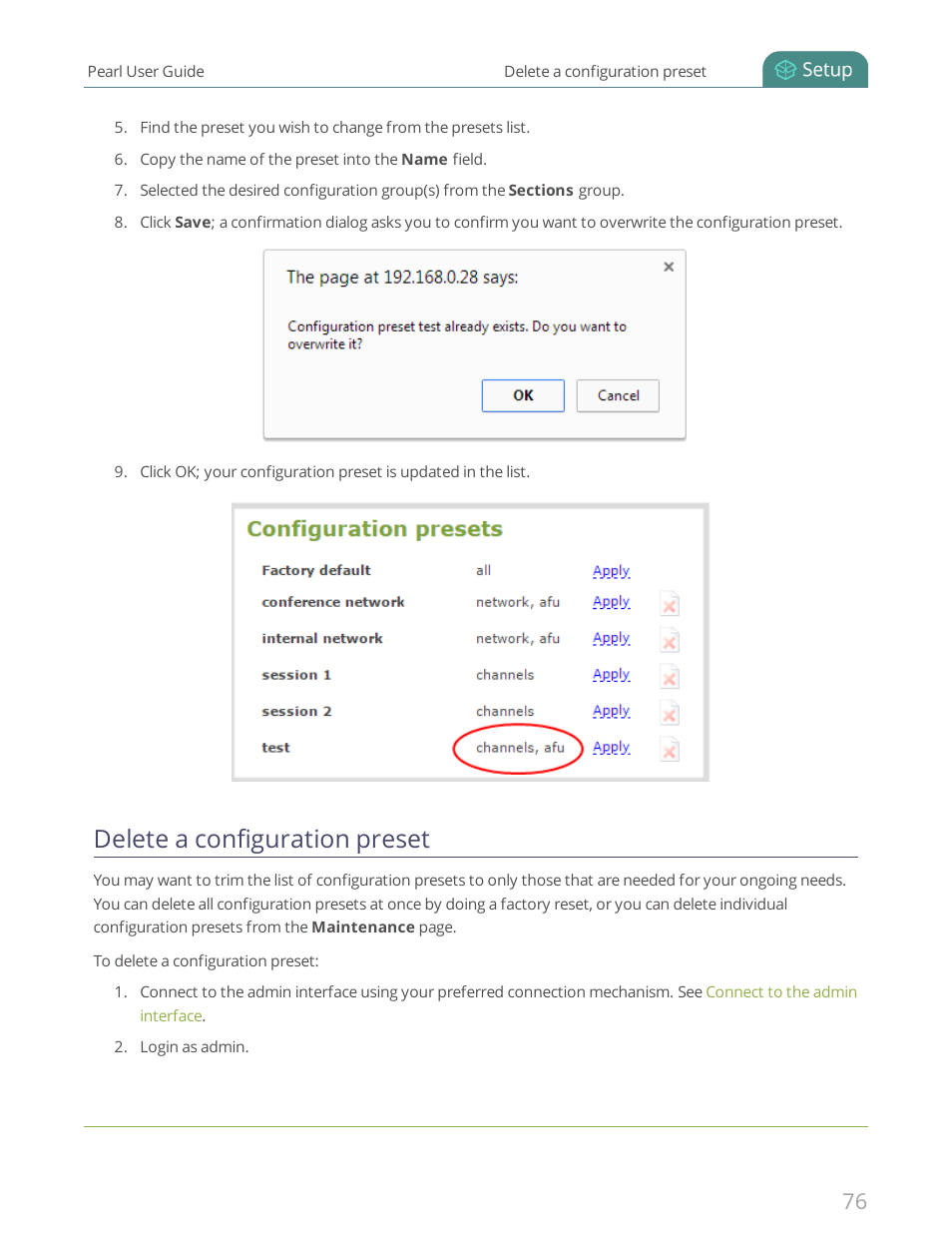Delete a configuration preset | Epiphan Pearl User Manual | Page 89 / 342