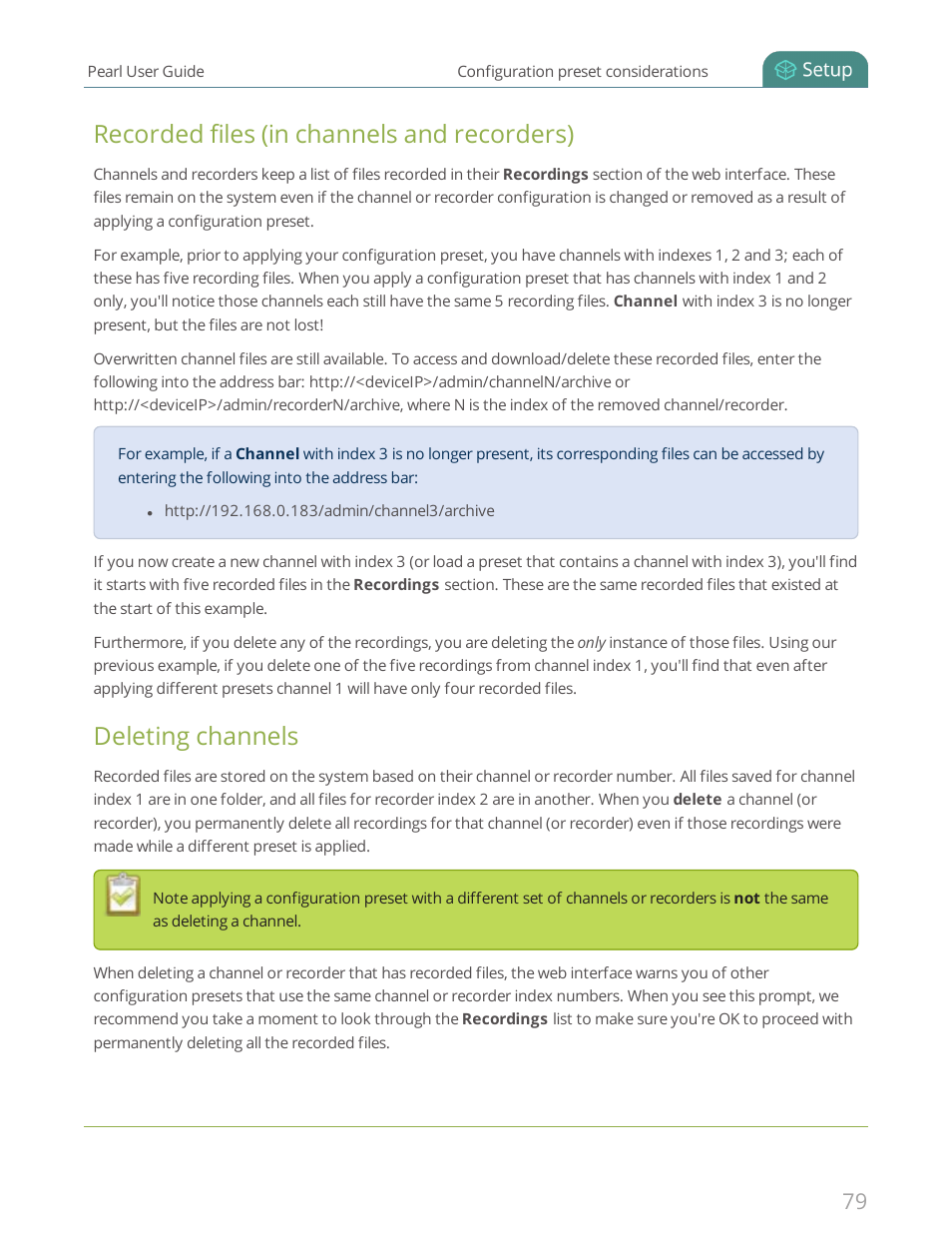 Ecorded files (in channels and recorders), Deleting channels, Recorded files (in channels and recorders) | Epiphan Pearl User Manual | Page 92 / 342