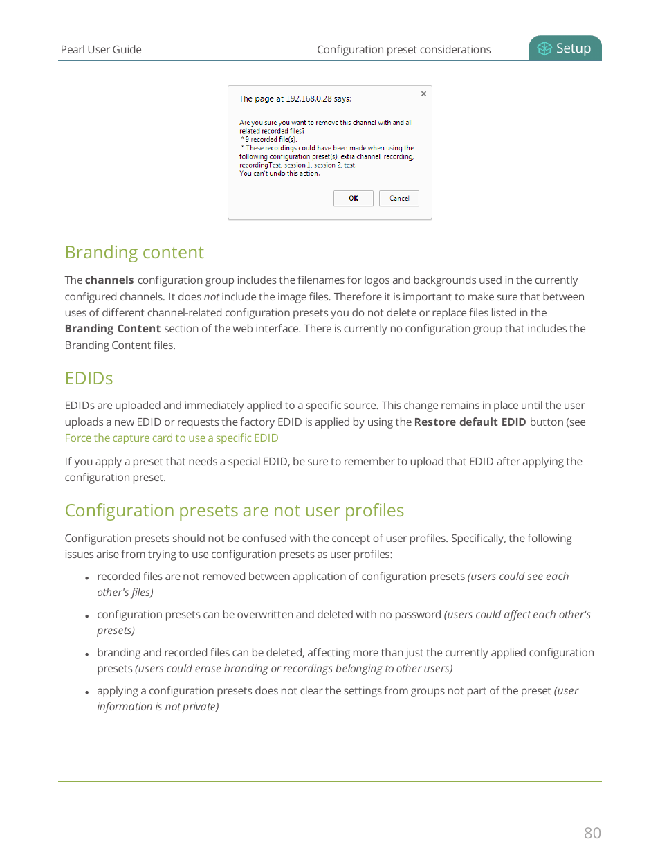 Branding content, Edids, Configuration presets are not user profiles | Epiphan Pearl User Manual | Page 93 / 342