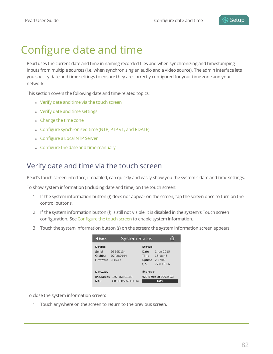 Configure date and time, Verify date and time via the touch screen | Epiphan Pearl User Manual | Page 95 / 342