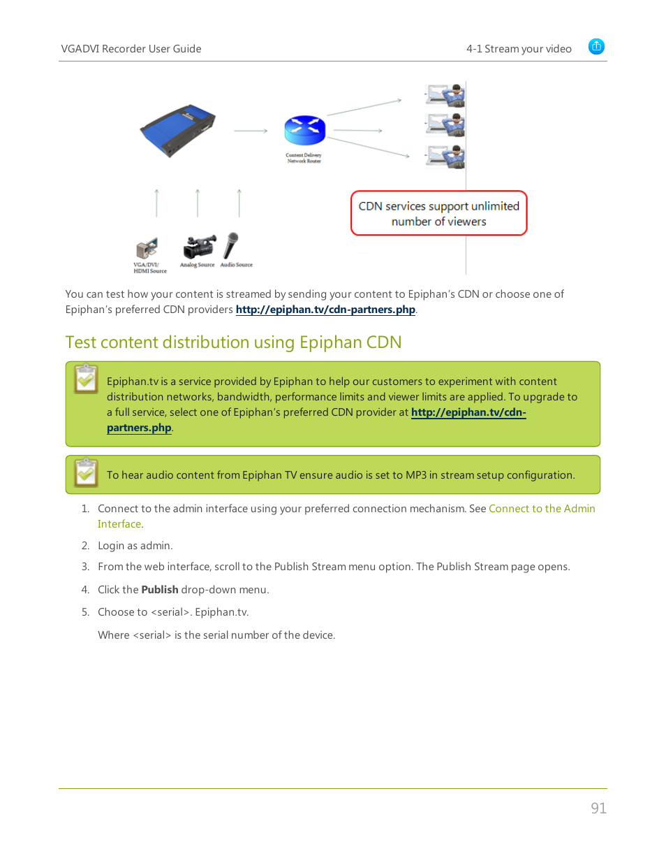 Test content distribution using epiphan cdn | Epiphan VGADVI Recorder User Manual | Page 100 / 209