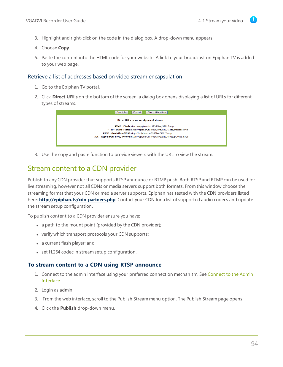 Stream content to a cdn provider | Epiphan VGADVI Recorder User Manual | Page 103 / 209