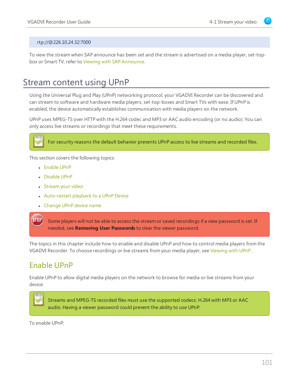 Stream content using upnp, Enable upnp | Epiphan VGADVI Recorder User Manual | Page 110 / 209