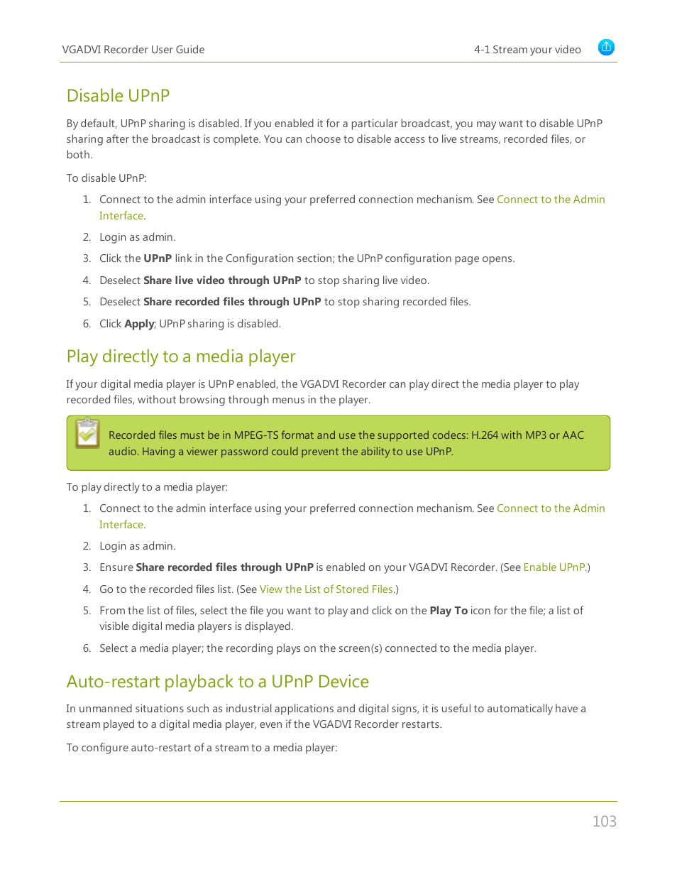 Disable upnp, Auto-restart playback to a upnp device, Play directly to a media player | Epiphan VGADVI Recorder User Manual | Page 112 / 209